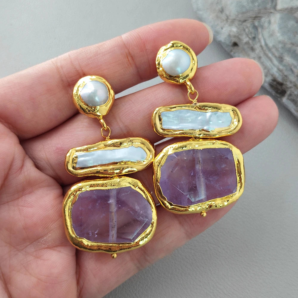 Cultured White Biwa Pearl Amethyst Chunk Stud Drop Earrings Handmade