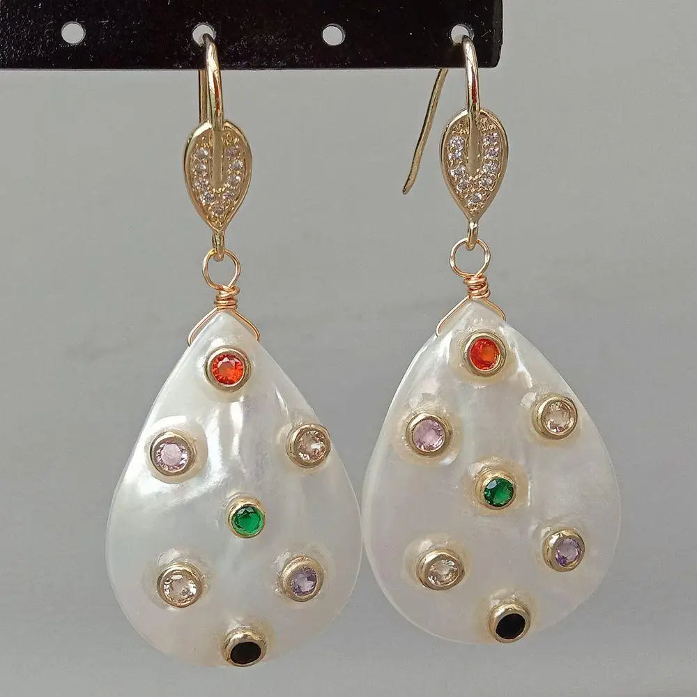 Teardrop White Shell Mop Trimmed With Multi Color Cz Dangle Hook Earrings
