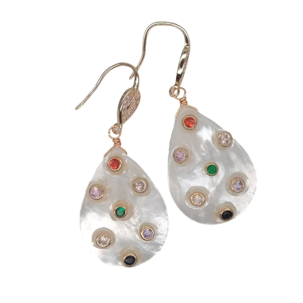 Teardrop White Shell Mop Trimmed With Multi Color Cz Dangle Hook Earrings