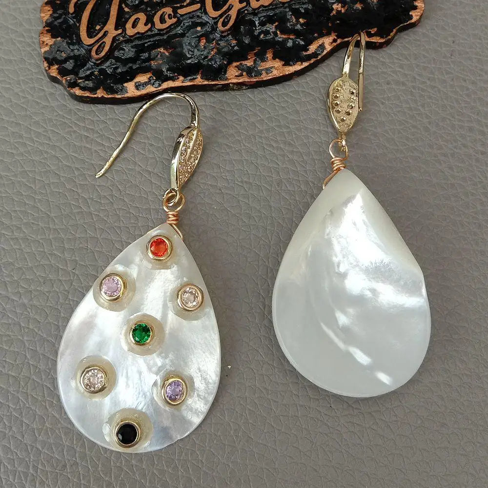 Teardrop White Shell Mop Trimmed With Multi Color Cz Dangle Hook Earrings