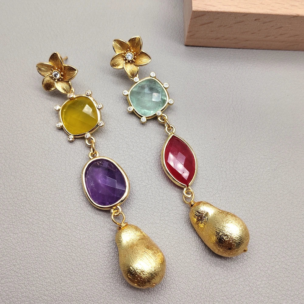 Amethyst Fluorite Jade Dangle Drop Flower Stud Earrings Jewelry Handmade