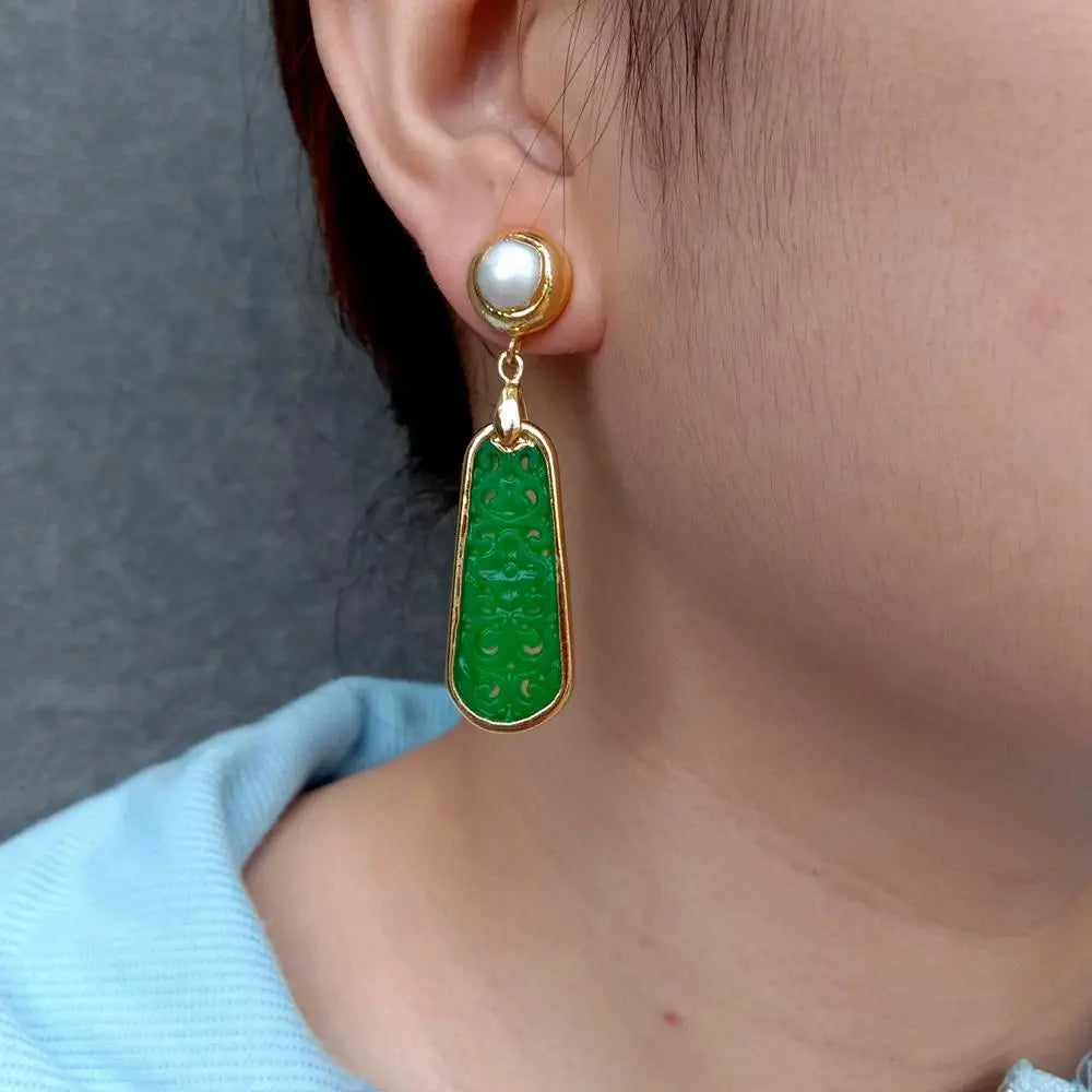 Carved Green Jade and Freshwater cultured white pearl Drop Earrings in Gold Plated stud