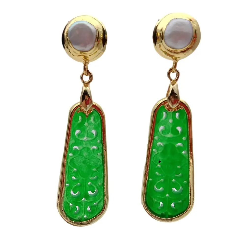 Carved Green Jade and Freshwater cultured white pearl Drop Earrings in Gold Plated stud