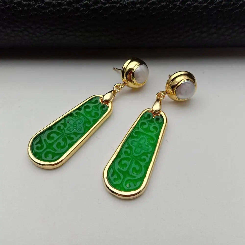 Carved Green Jade and Freshwater cultured white pearl Drop Earrings in Gold Plated stud