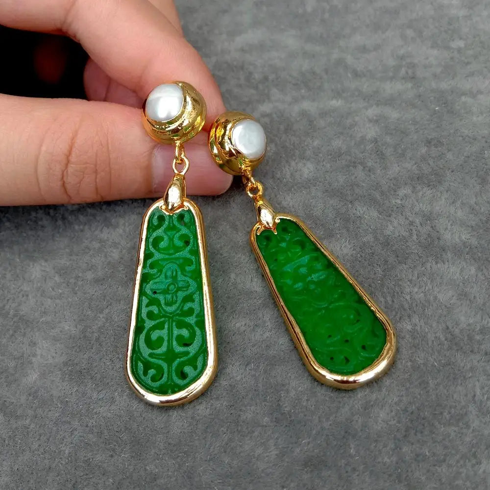 Carved Green Jade and Freshwater cultured white pearl Drop Earrings in Gold Plated stud