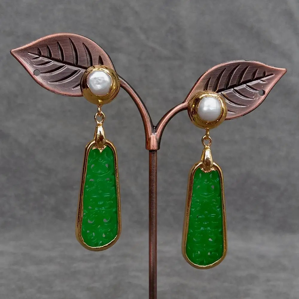 Carved Green Jade and Freshwater cultured white pearl Drop Earrings in Gold Plated stud