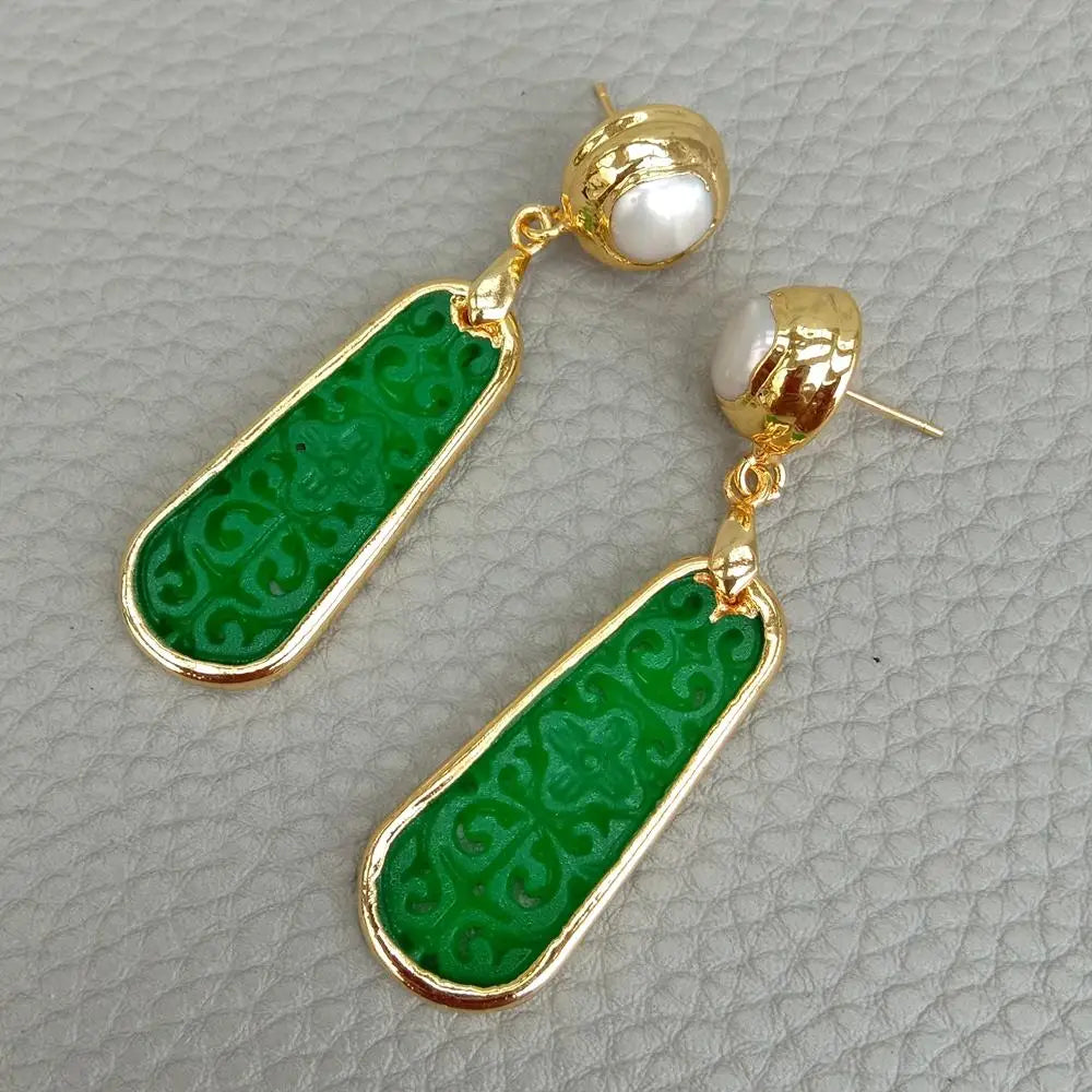 Carved Green Jade and Freshwater cultured white pearl Drop Earrings in Gold Plated stud