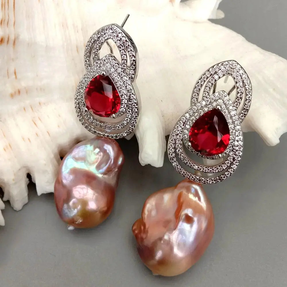 Cultured White Keshi Pearl Red Cz Drop Omega Stud Earrings For Women Girl Friend Gift Adjustable