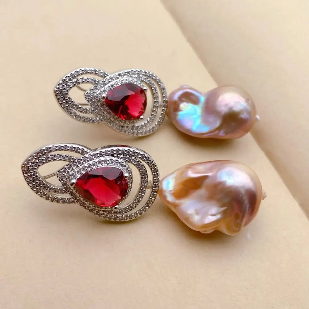 Cultured White Keshi Pearl Red Cz Drop Omega Stud Earrings For Women Girl Friend Gift Adjustable