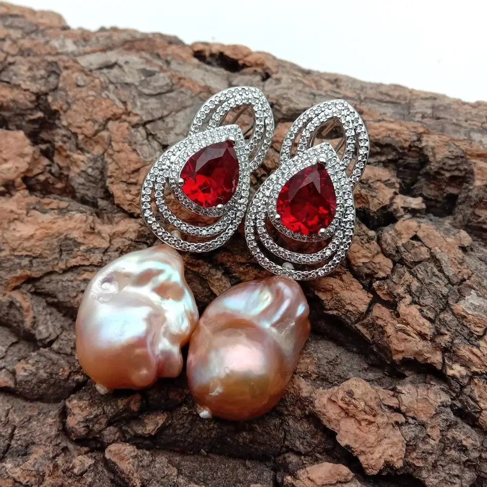 Cultured White Keshi Pearl Red Cz Drop Omega Stud Earrings For Women Girl Friend Gift Adjustable