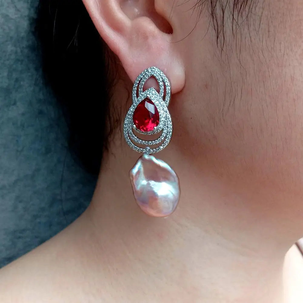 Cultured White Keshi Pearl Red Cz Drop Omega Stud Earrings For Women Girl Friend Gift Adjustable