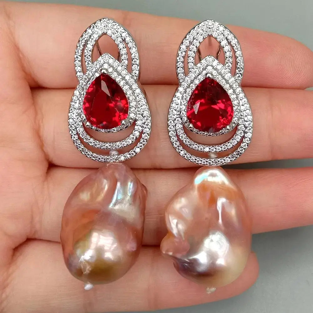 Cultured White Keshi Pearl Red Cz Drop Omega Stud Earrings For Women Girl Friend Gift Adjustable
