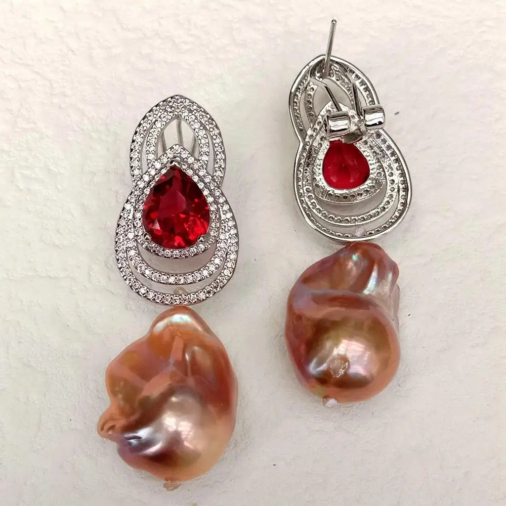 Cultured White Keshi Pearl Red Cz Drop Omega Stud Earrings For Women Girl Friend Gift Adjustable