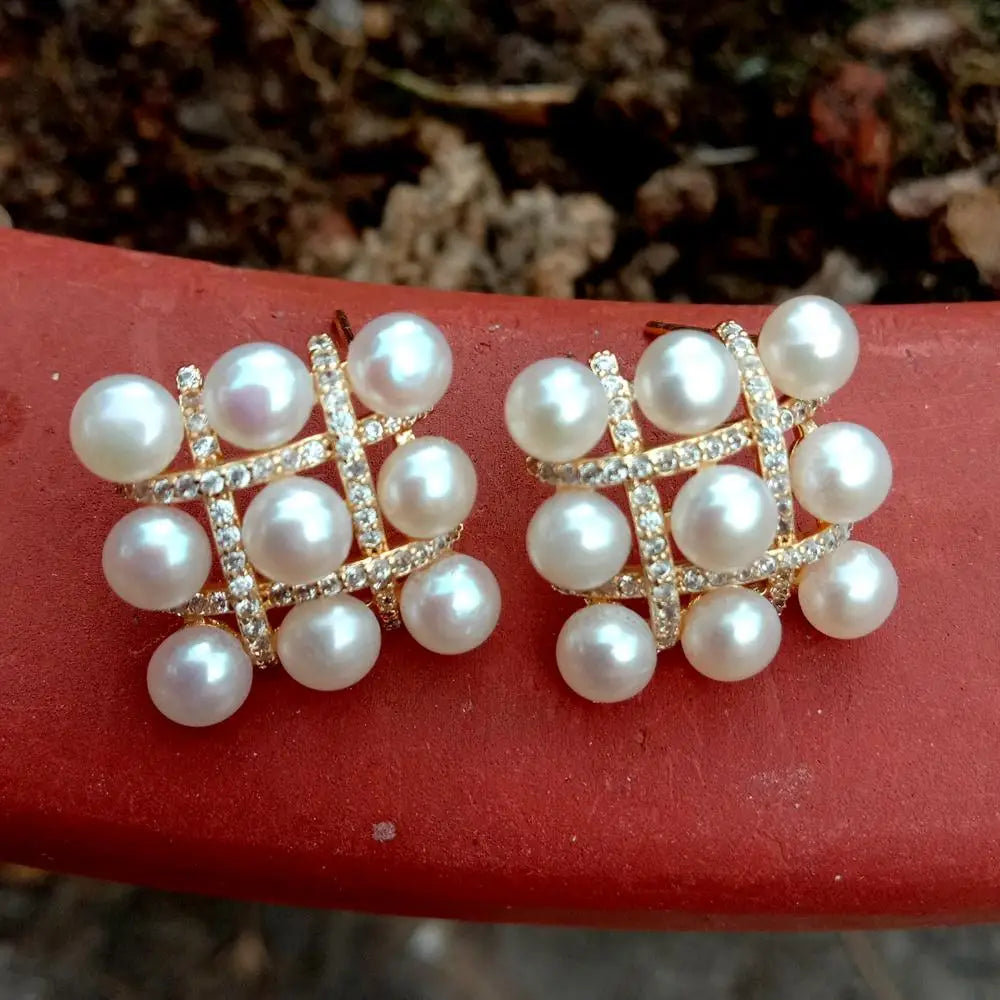 Freshwater White Pearl Cz Pave Stud Earrings Gold Plated Stud For Women Gift