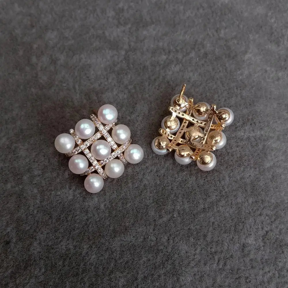 Freshwater White Pearl Cz Pave Stud Earrings Gold Plated Stud For Women Gift