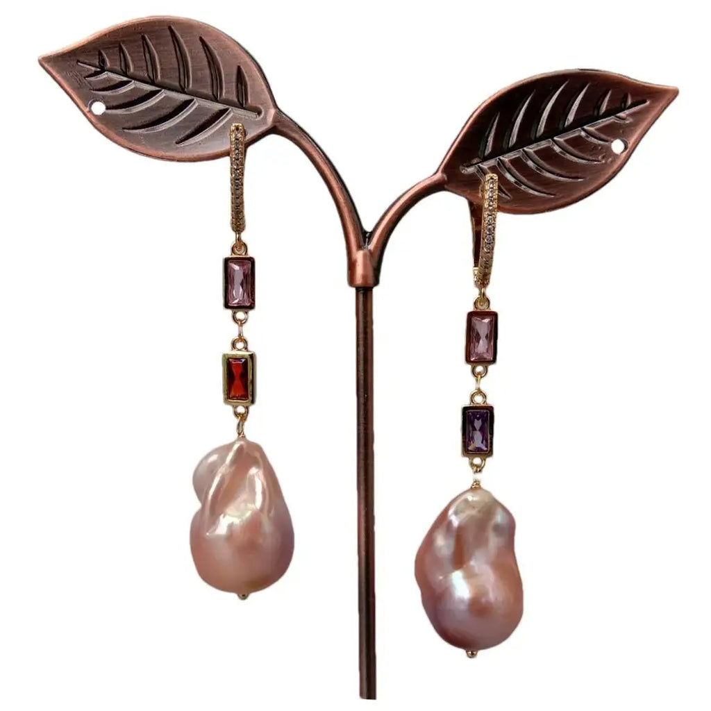 Natural Cultured Pink Keshi Pearl Cz Pave Chain Dangle Lever Back Earrings Classic For Women