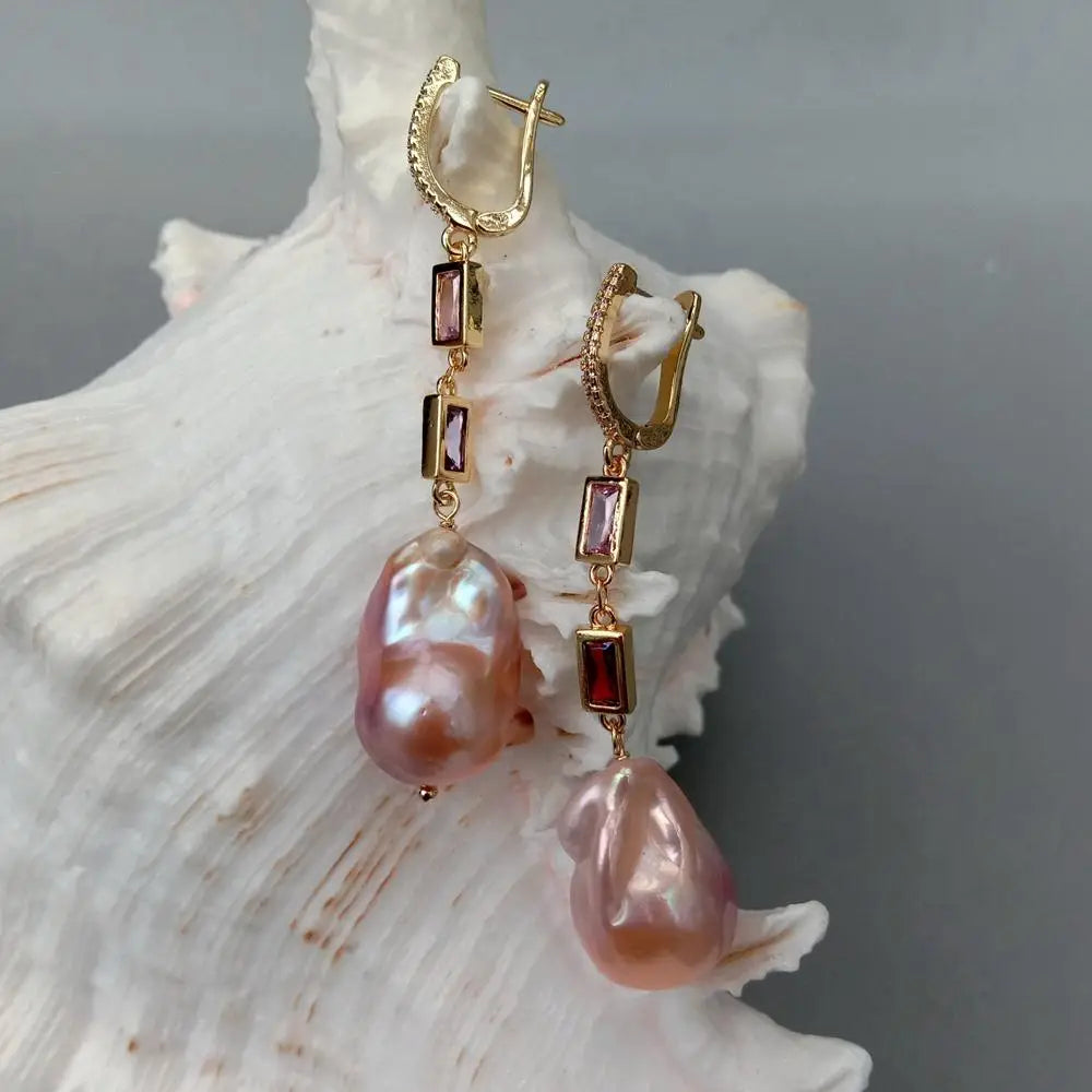Natural Cultured Pink Keshi Pearl Cz Pave Chain Dangle Lever Back Earrings Classic For Women