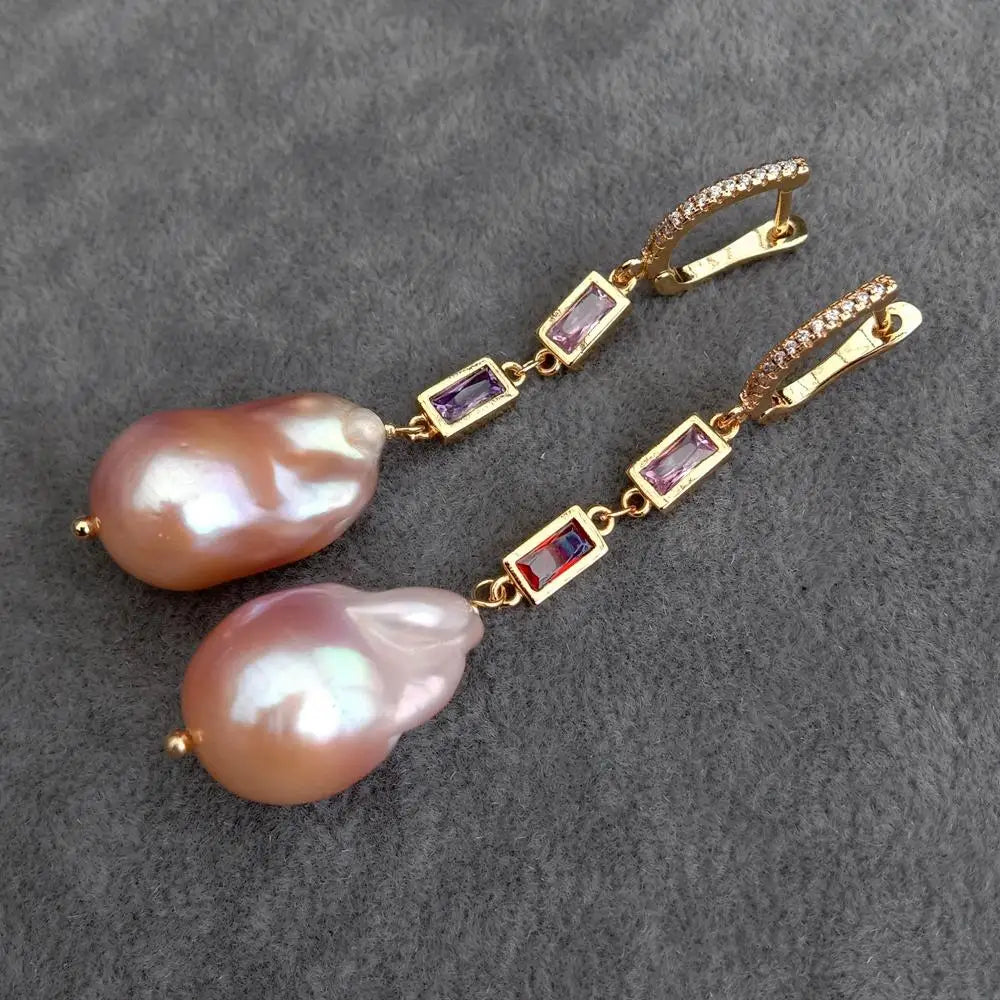 Natural Cultured Pink Keshi Pearl Cz Pave Chain Dangle Lever Back Earrings Classic For Women