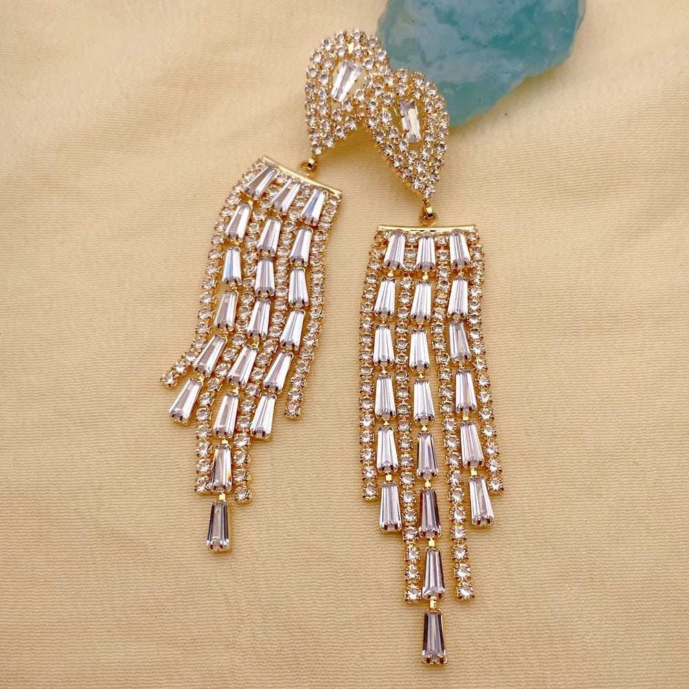 Rhinestone Tassel Drop Earrings For Women Elegant Teardrop Jewelry