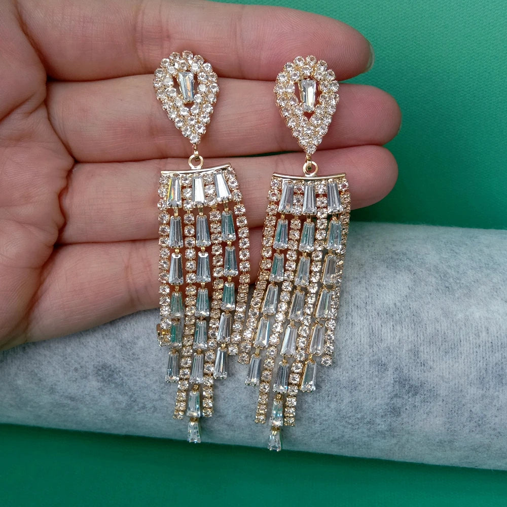 Rhinestone Tassel Drop Earrings For Women Elegant Teardrop Jewelry