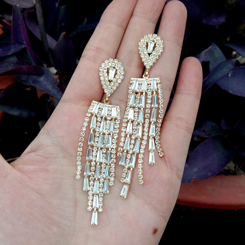 Rhinestone Tassel Drop Earrings For Women Elegant Teardrop Jewelry