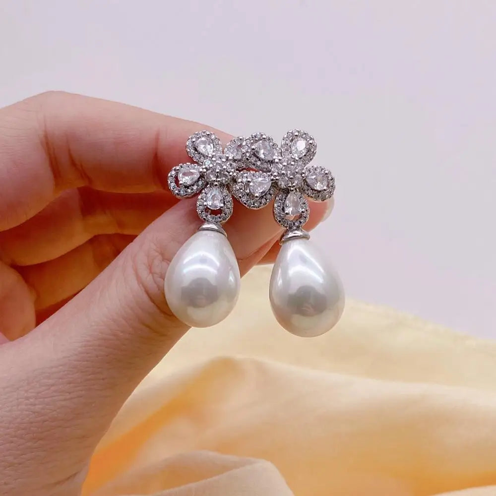 White Sea Shell Pearl Bold Fashion Stud Earring Cz Pave Flower Stud Earring Jewelry