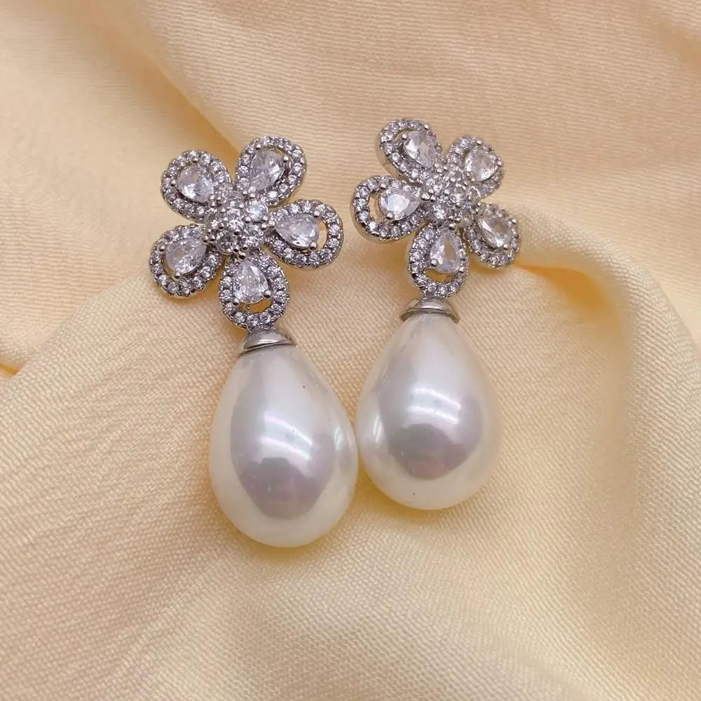 White Sea Shell Pearl Bold Fashion Stud Earring Cz Pave Flower Stud Earring Jewelry