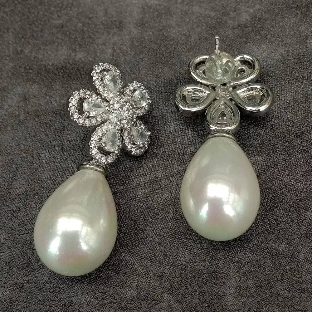 White Sea Shell Pearl Bold Fashion Stud Earring Cz Pave Flower Stud Earring Jewelry