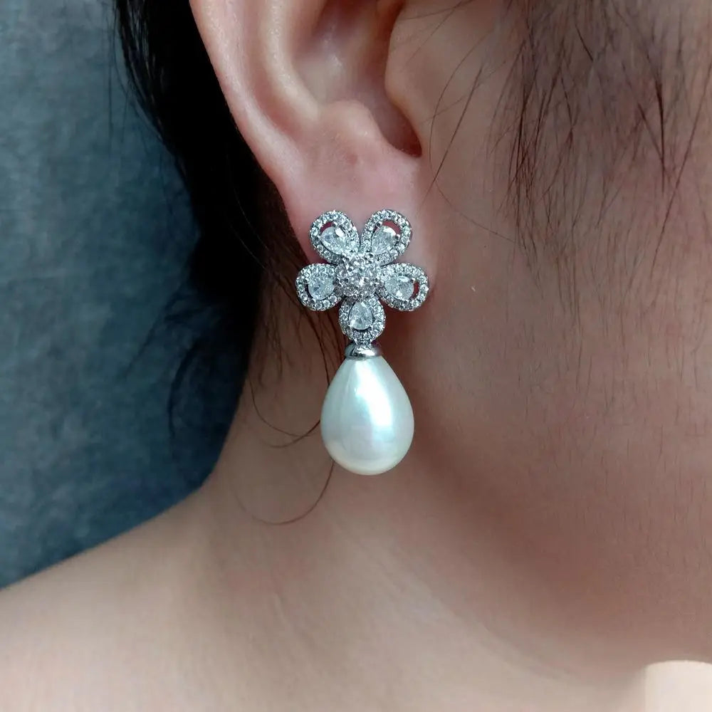 White Sea Shell Pearl Bold Fashion Stud Earring Cz Pave Flower Stud Earring Jewelry