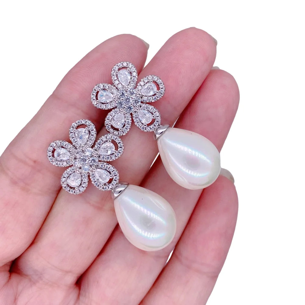 White Sea Shell Pearl Bold Fashion Stud Earring Cz Pave Flower Stud Earring Jewelry