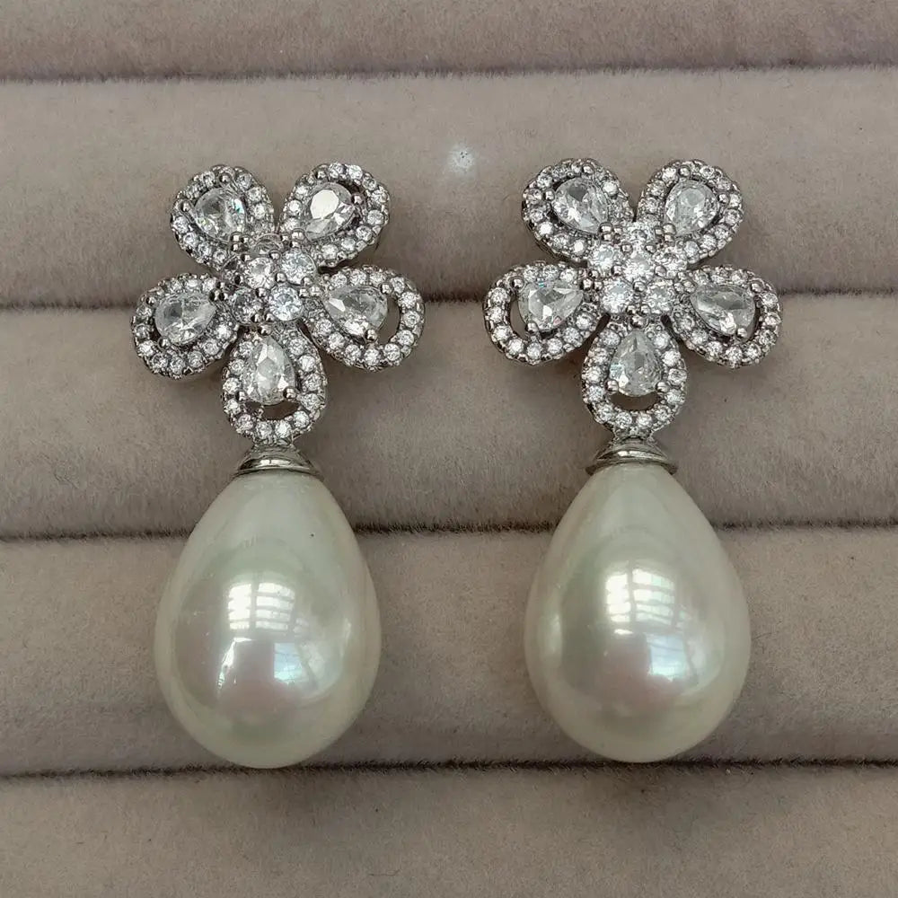 White Sea Shell Pearl Bold Fashion Stud Earring Cz Pave Flower Stud Earring Jewelry