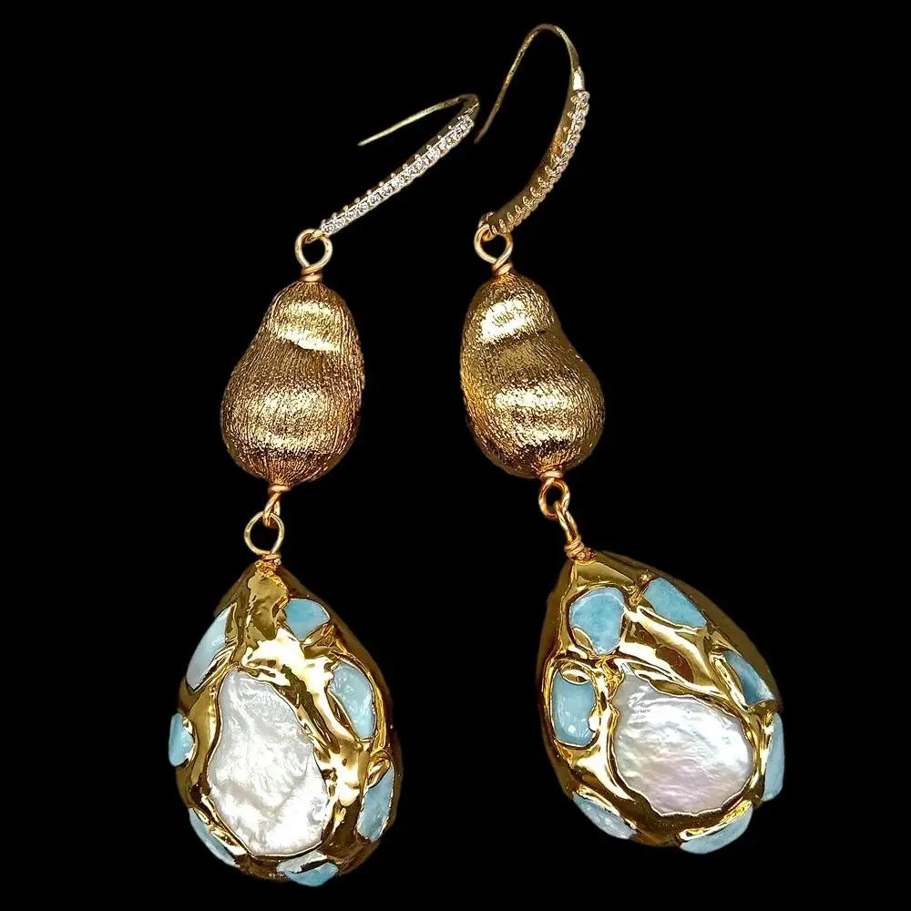 Natural Cultured White Pearl Teardrop Shape Blue larimar Pave Brushed Bead Dangle Hook Earrings