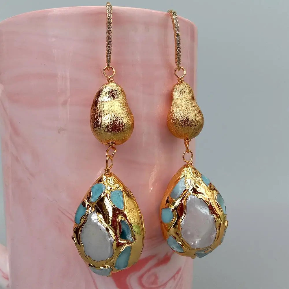 Natural Cultured White Pearl Teardrop Shape Blue larimar Pave Brushed Bead Dangle Hook Earrings