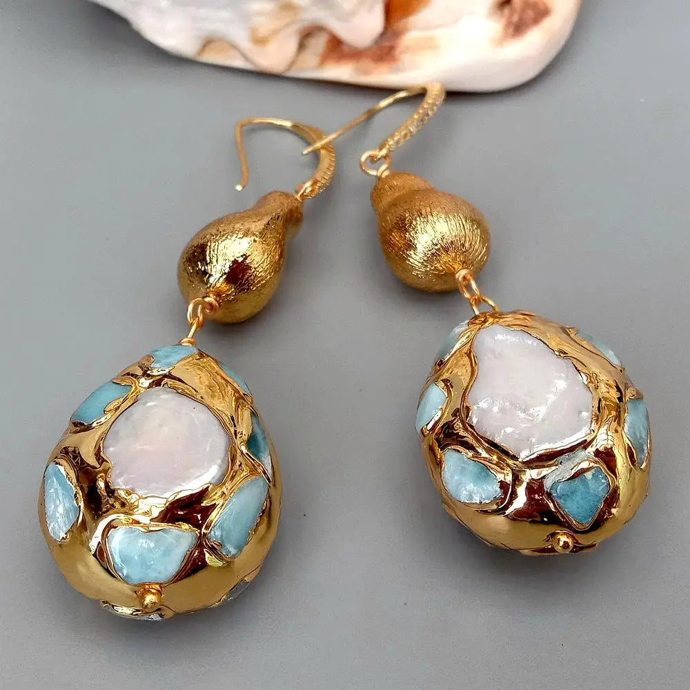 Natural Cultured White Pearl Teardrop Shape Blue larimar Pave Brushed Bead Dangle Hook Earrings