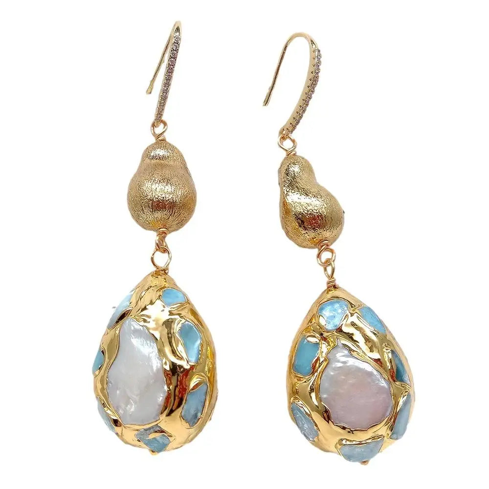 Natural Cultured White Pearl Teardrop Shape Blue larimar Pave Brushed Bead Dangle Hook Earrings