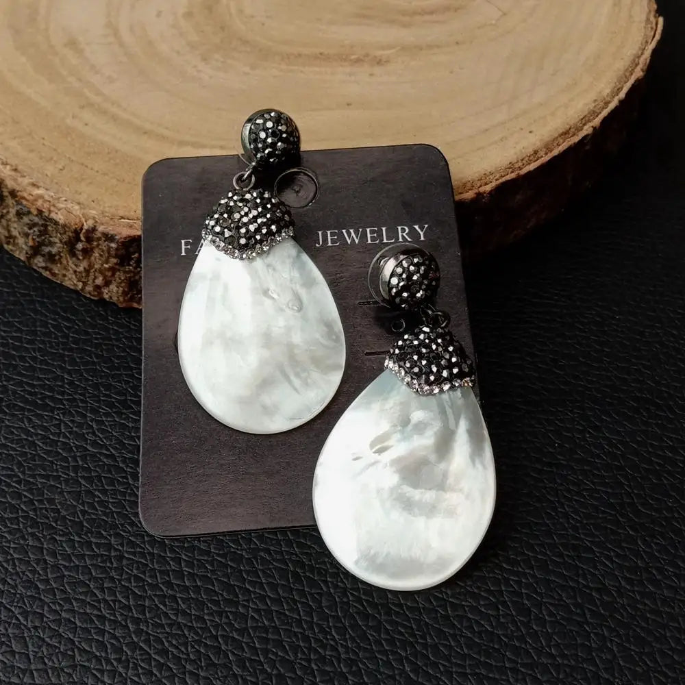 natural White Mother Of Pearl shell Black Macarsite pave Earrings Fashion Statement Party Wedding Earrings  Shipping Jewelry