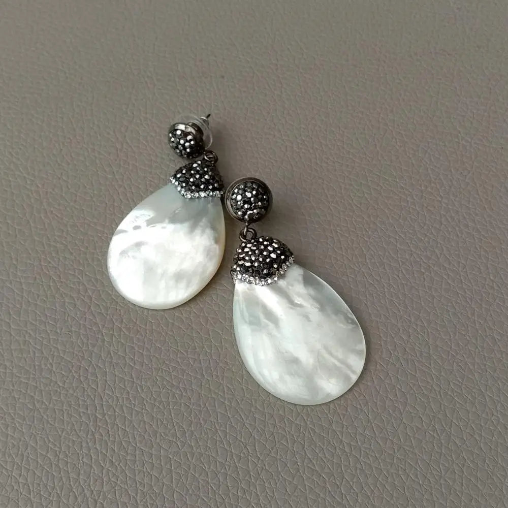 natural White Mother Of Pearl shell Black Macarsite pave Earrings Fashion Statement Party Wedding Earrings  Shipping Jewelry