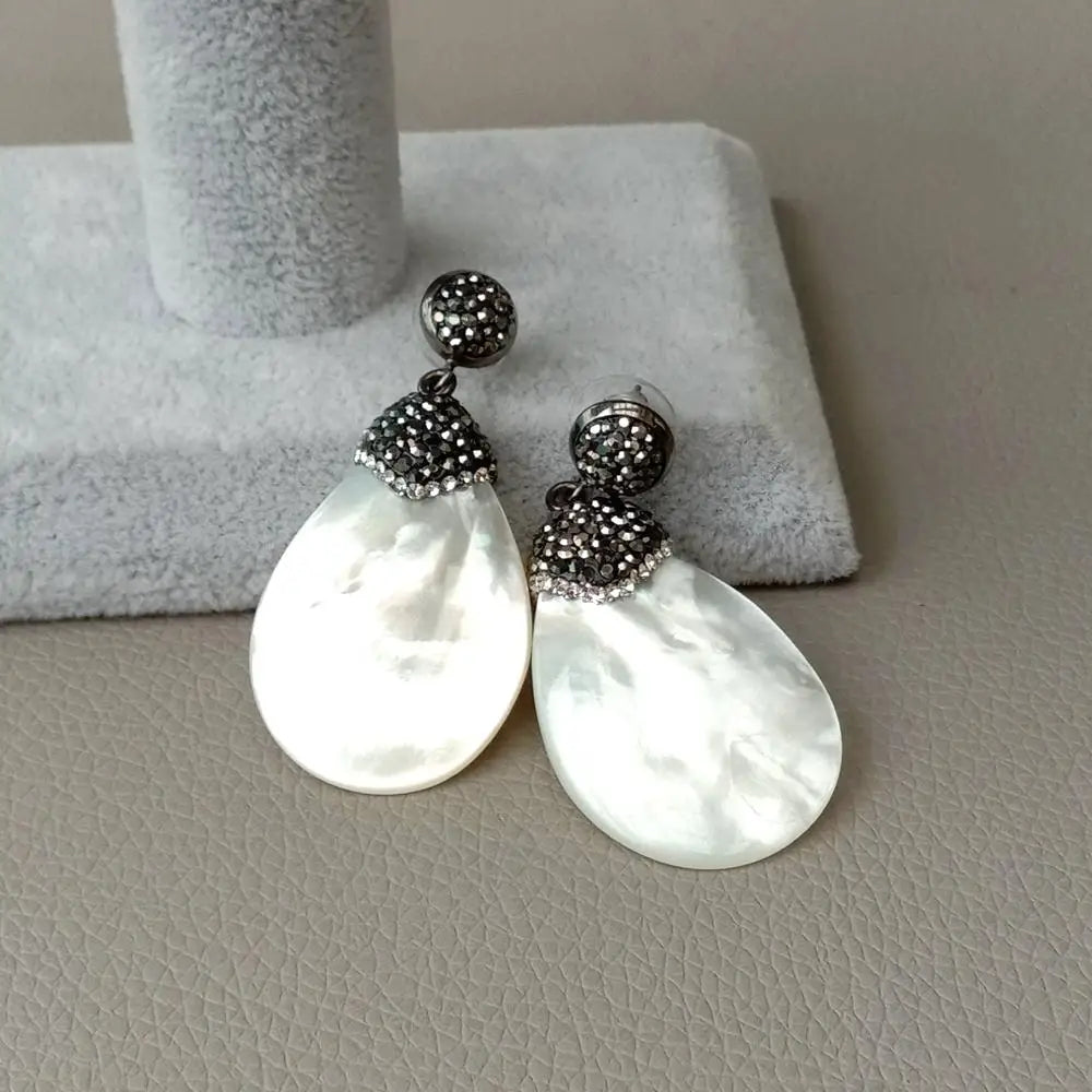 natural White Mother Of Pearl shell Black Macarsite pave Earrings Fashion Statement Party Wedding Earrings  Shipping Jewelry