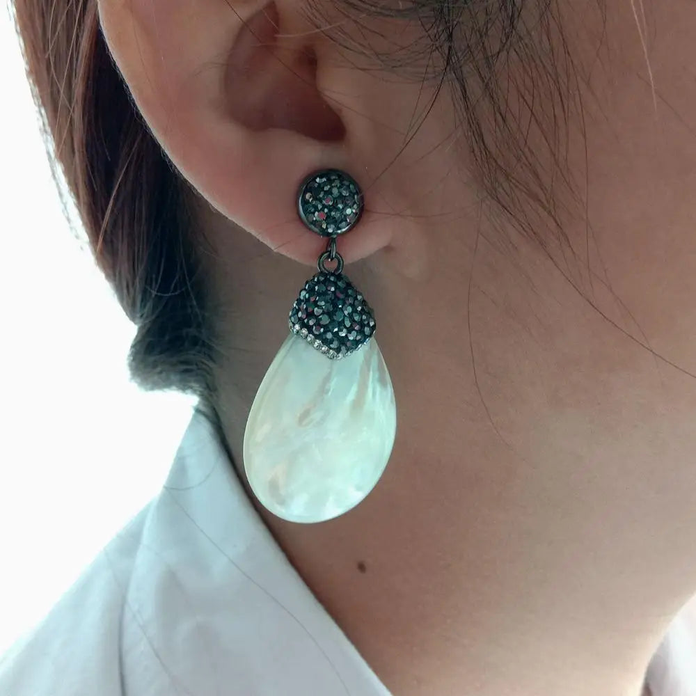 natural White Mother Of Pearl shell Black Macarsite pave Earrings Fashion Statement Party Wedding Earrings  Shipping Jewelry